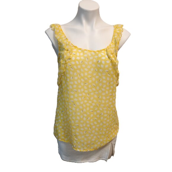 ❤️ 4/$20 Old Navy lemon-print tank top Women's medium Sheer Ruffled yellow white - Picture 2 of 12